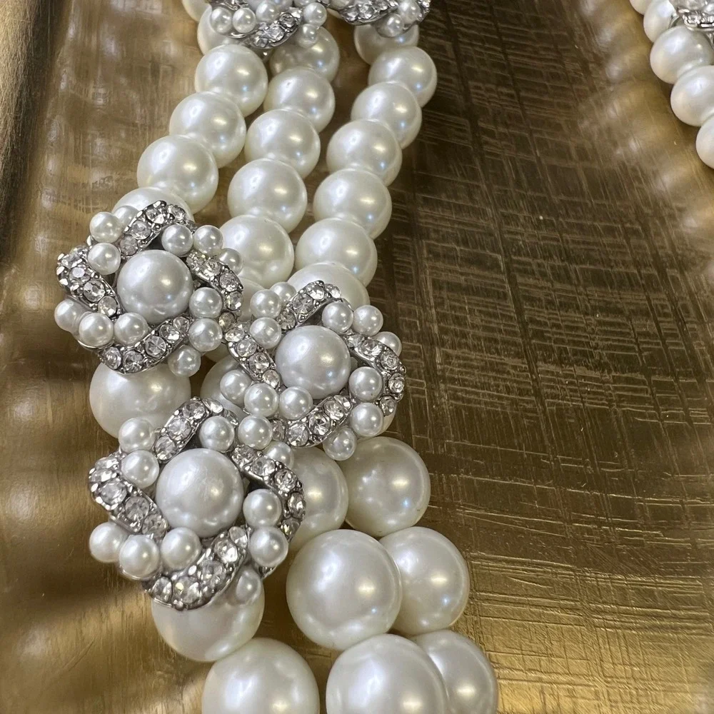 Charter Club Faux Pearl‎ Triple Strand Crystal Flower Statement Necklace Silver